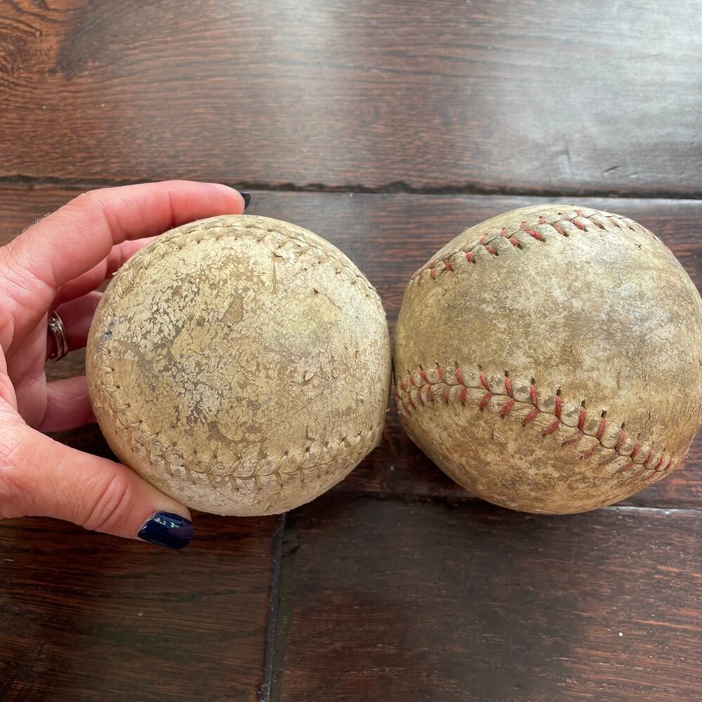 Vintage Leather Softball Lot of 2 Rustic Worn 1970s 80s Prop One Red Stitching